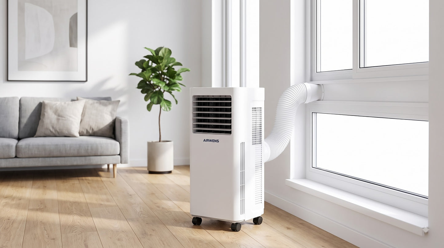 AIRWENS portable air conditioner installed in a window using the included window venting kit.