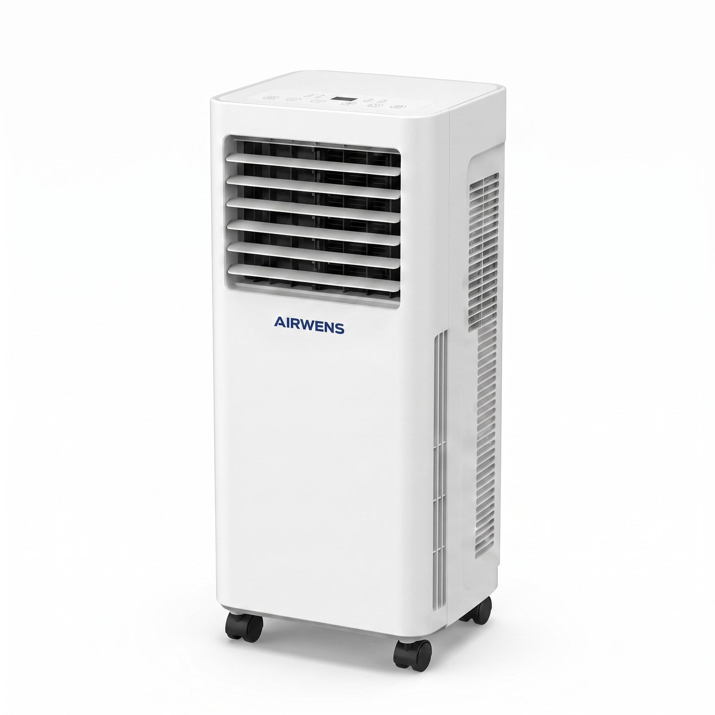 A white portable air conditioner by AIRWENS with black caster wheels, shown on a clean white background.