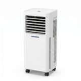 A white portable air conditioner by AIRWENS with black caster wheels, shown on a clean white background.