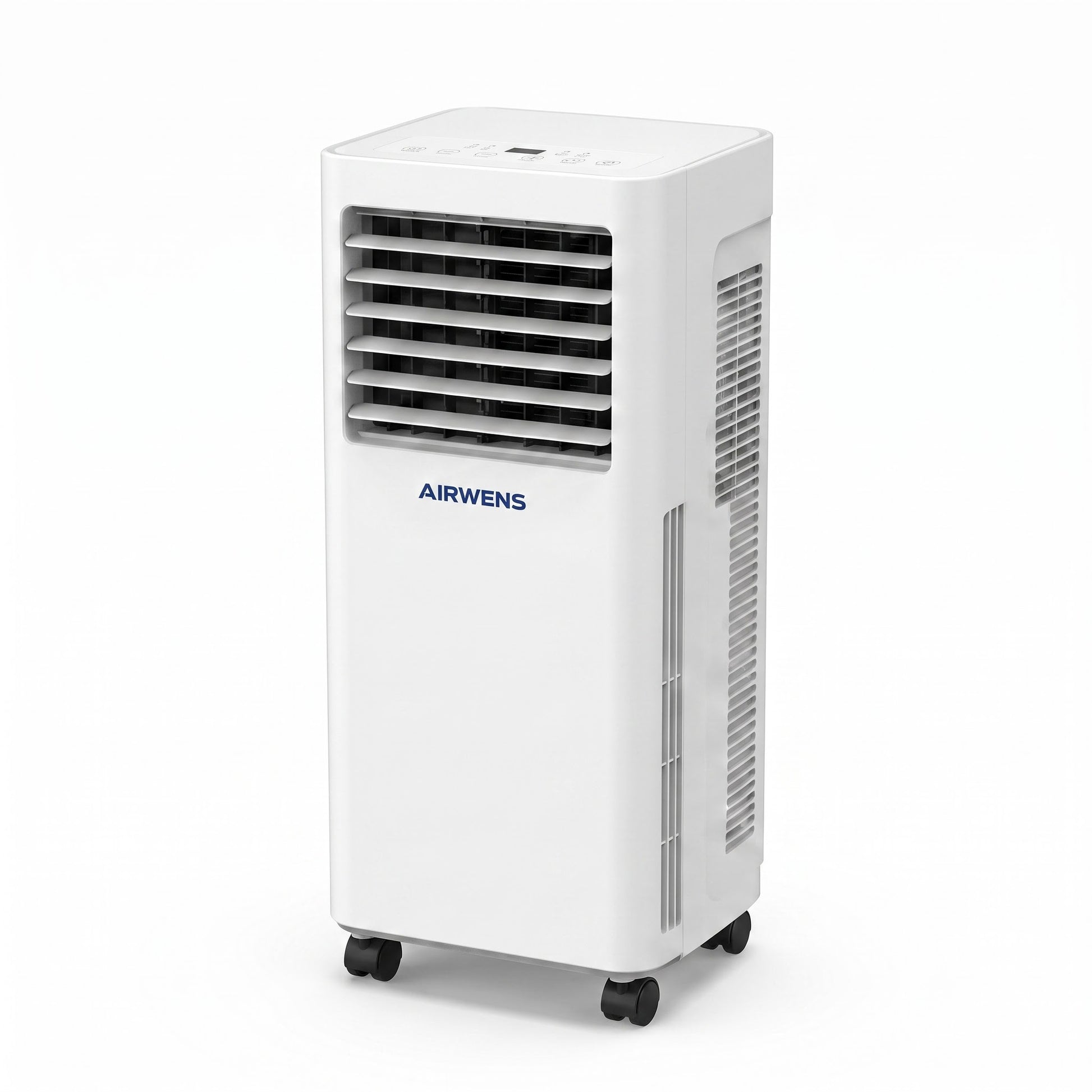 A white portable air conditioner by AIRWENS with black caster wheels, shown on a clean white background.