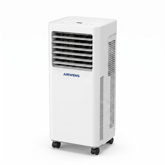A white portable air conditioner by AIRWENS with black caster wheels, shown on a clean white background.