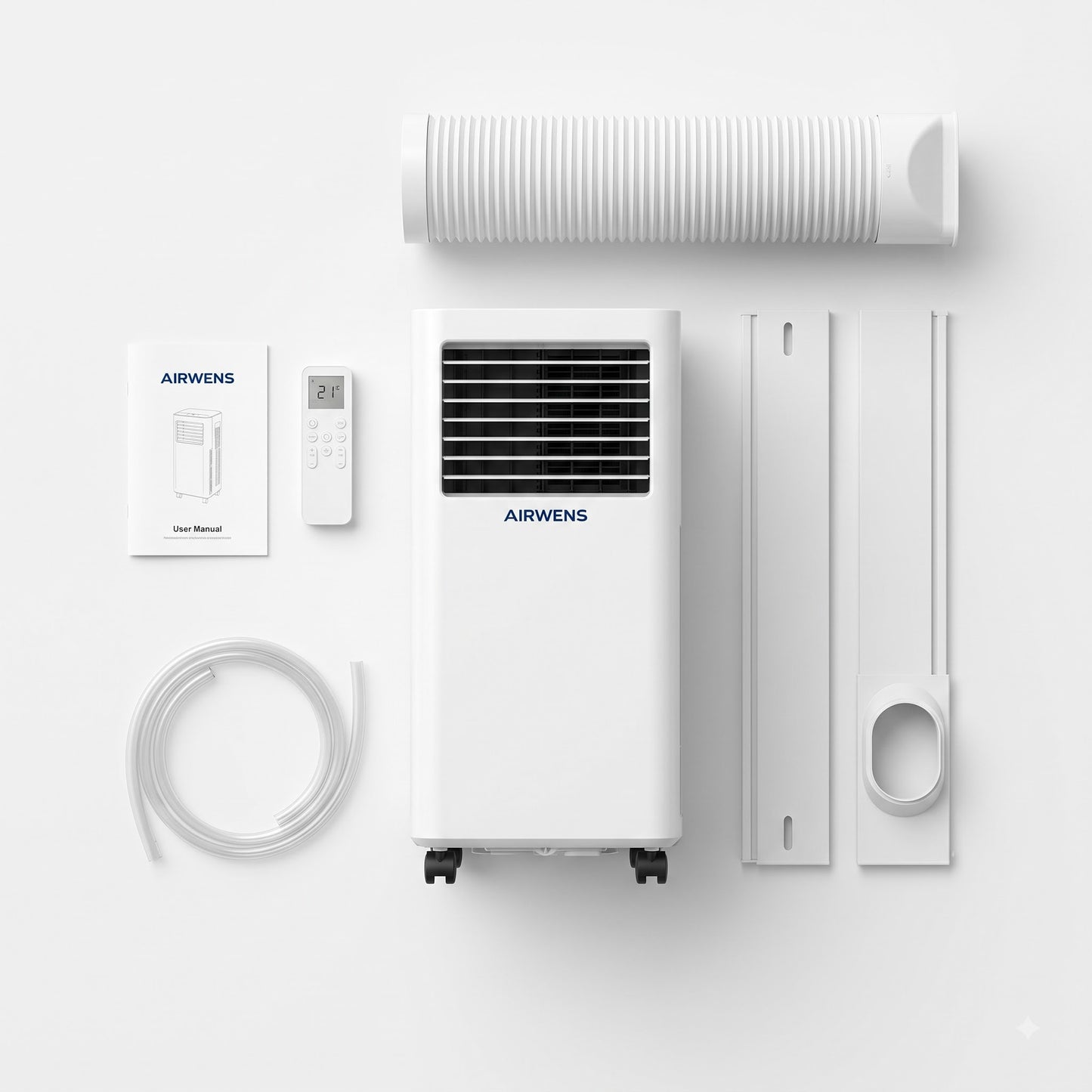 White portable air conditioner kit with wheeled unit, flexible vent pipe, wall bracket, tubing, remote control, user manual, and instruction card on a clean white background.
