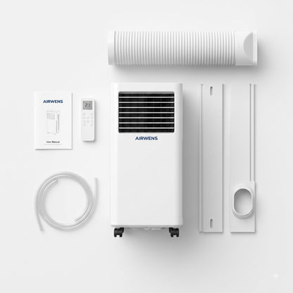 White portable air conditioner kit with wheeled unit, flexible vent pipe, wall bracket, tubing, remote control, user manual, and instruction card on a clean white background.