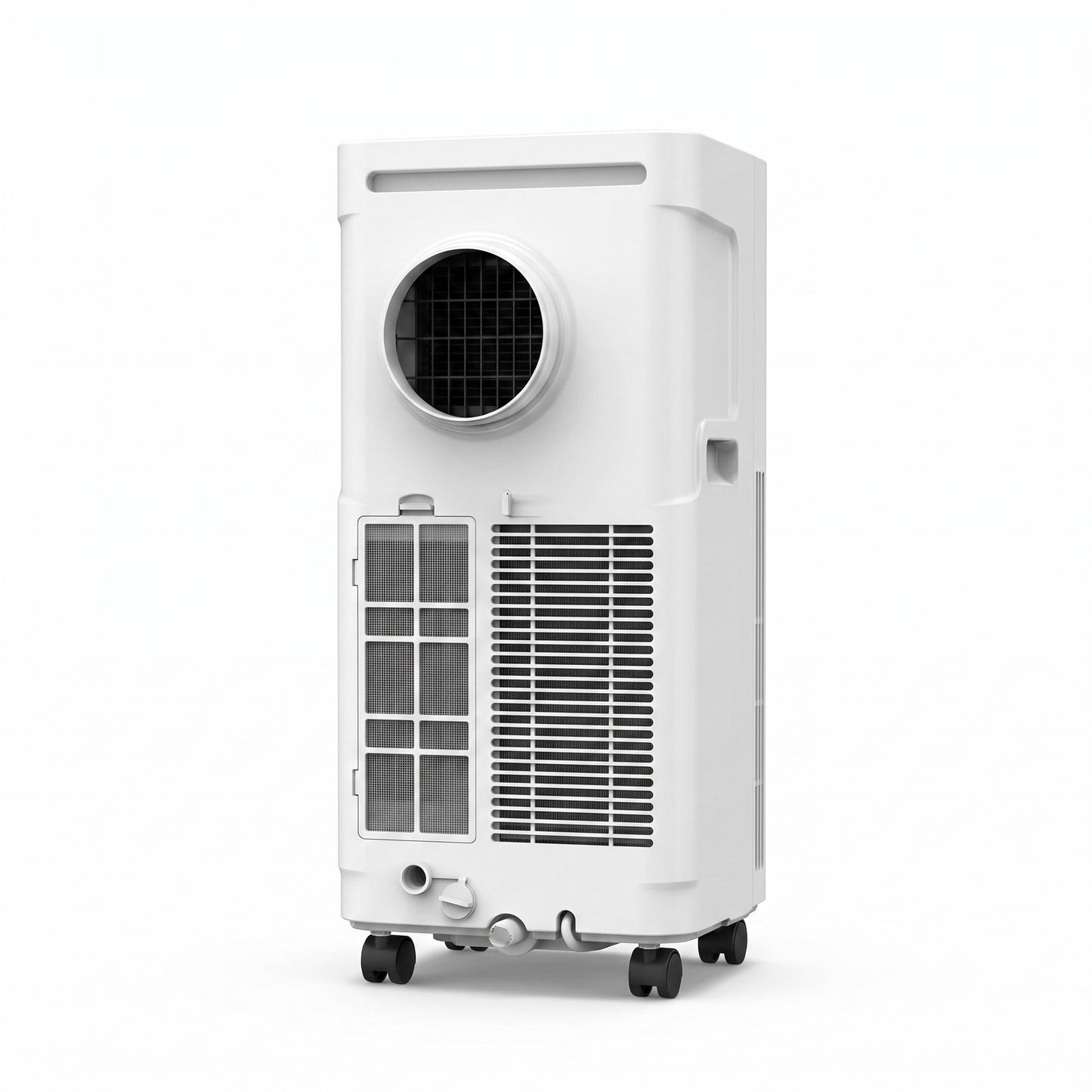 Rear view of the AIRWENS 12,000 BTU portable air conditioner showing the exhaust vent, side air intake, and caster wheels.