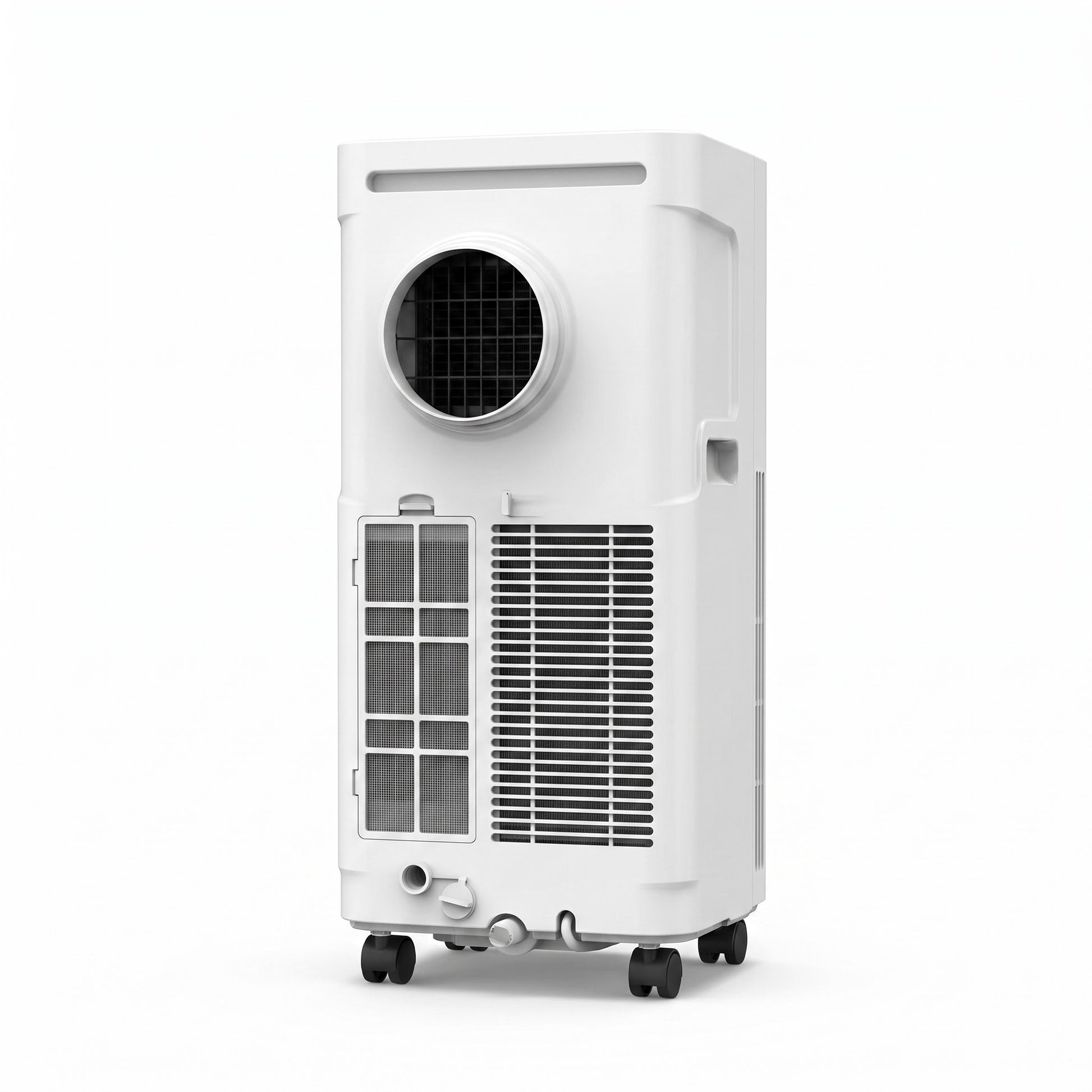 Rear view of the AIRWENS 12,000 BTU portable air conditioner showing the exhaust vent, side air intake, and caster wheels.