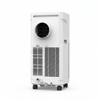 Rear view of the AIRWENS 12,000 BTU portable air conditioner showing the exhaust vent, side air intake, and caster wheels.