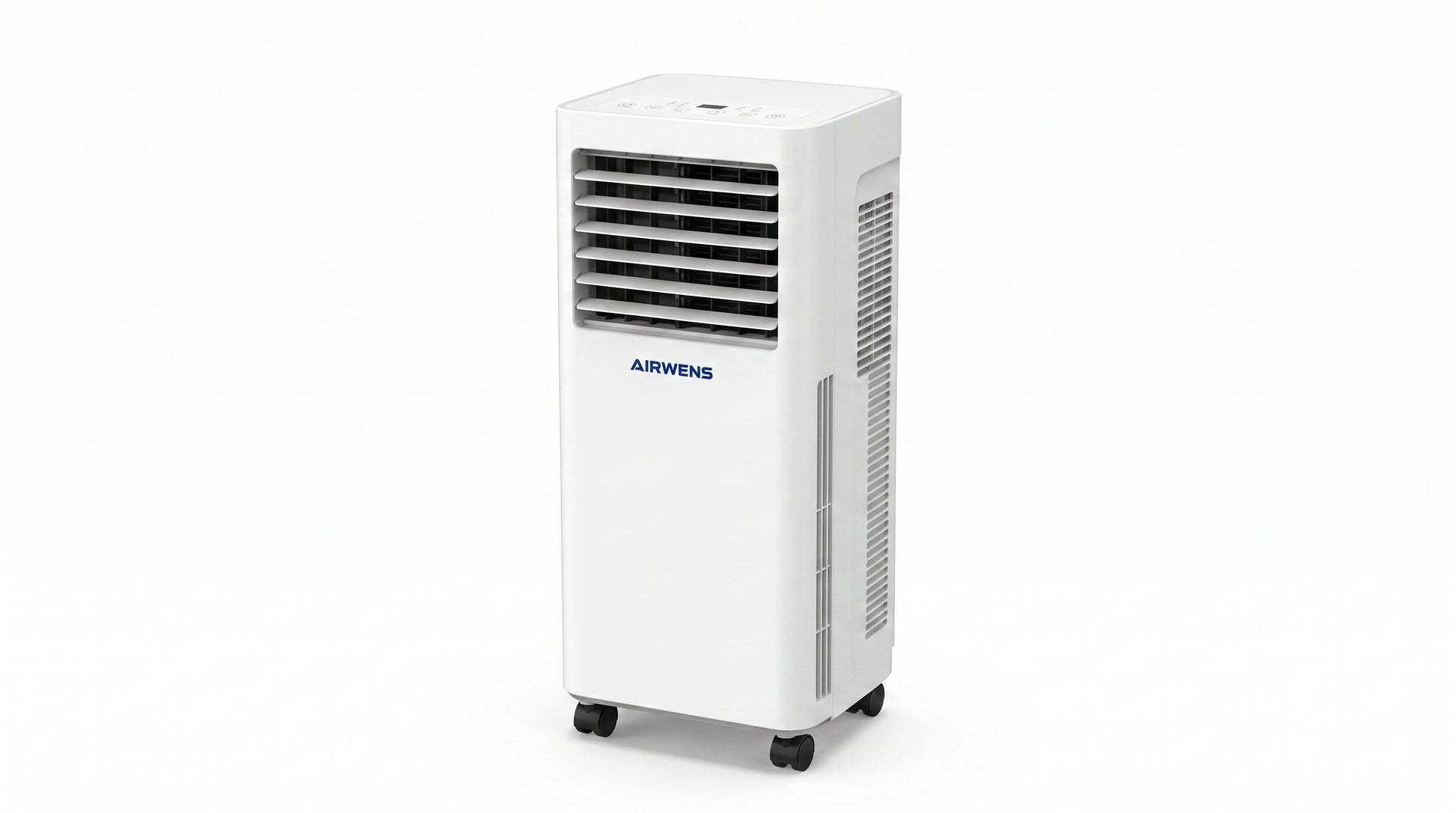Front view of the white AIRWENS 12,000 BTU portable air conditioner with caster wheels.