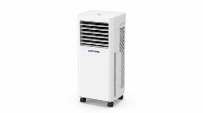Front view of the white AIRWENS 12,000 BTU portable air conditioner with caster wheels.