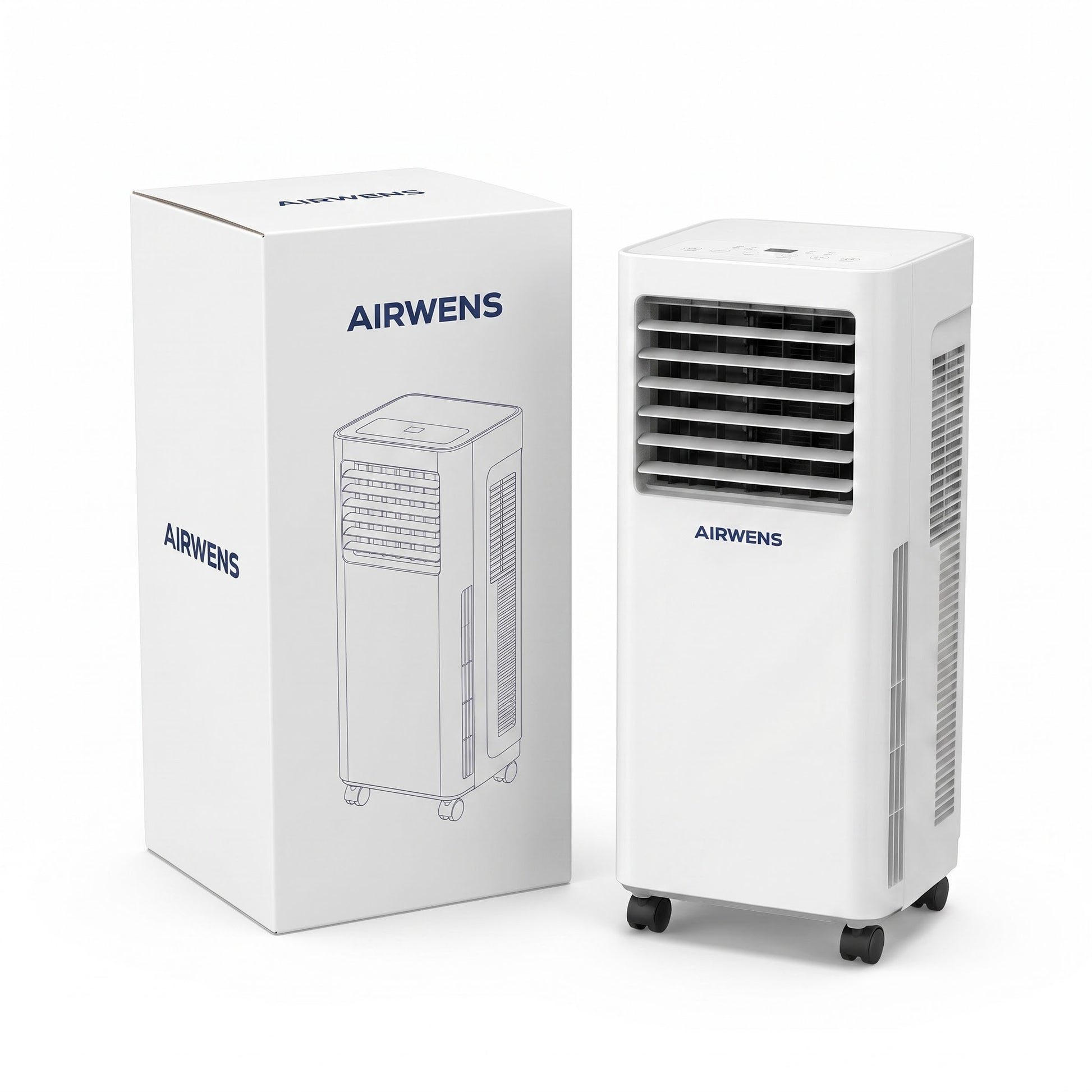 AIRWENS portable air conditioner shown beside its retail packaging box.