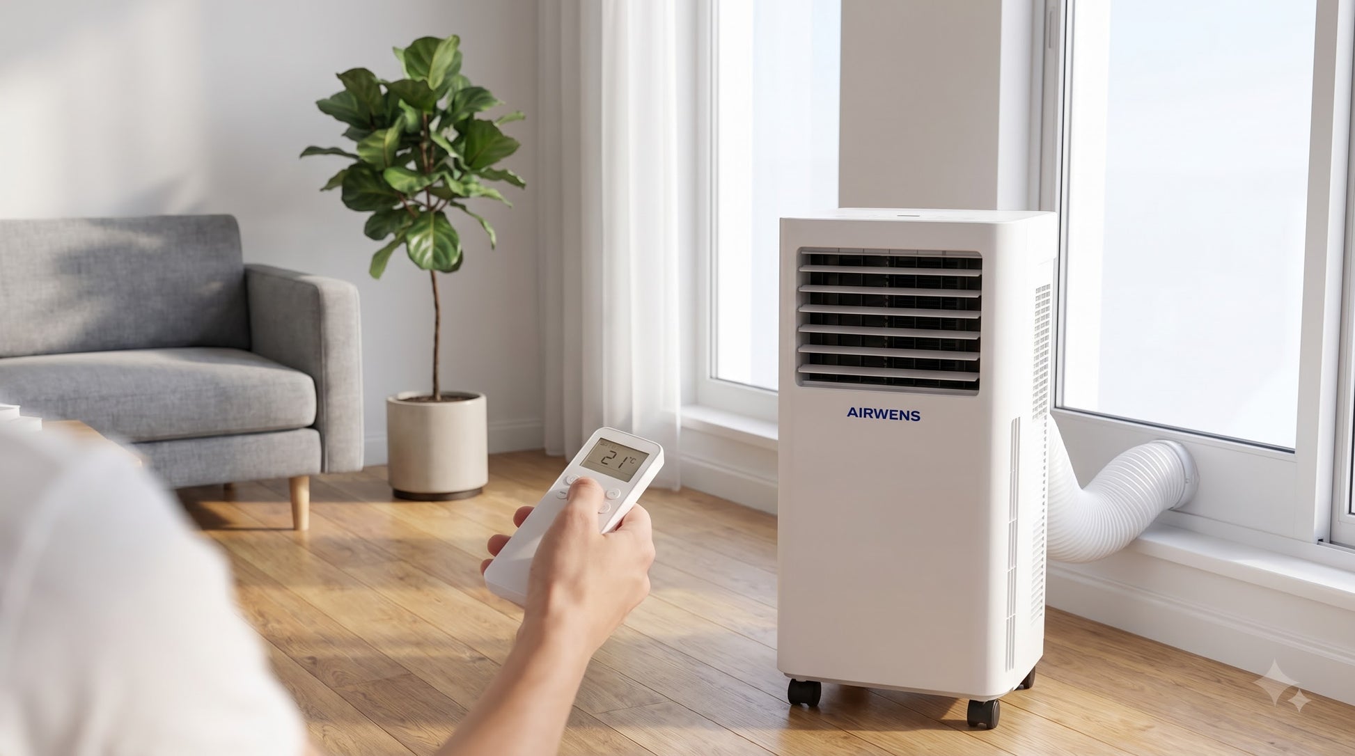 A person adjusting the AIRWENS portable air conditioner using the included remote control in a living room.
