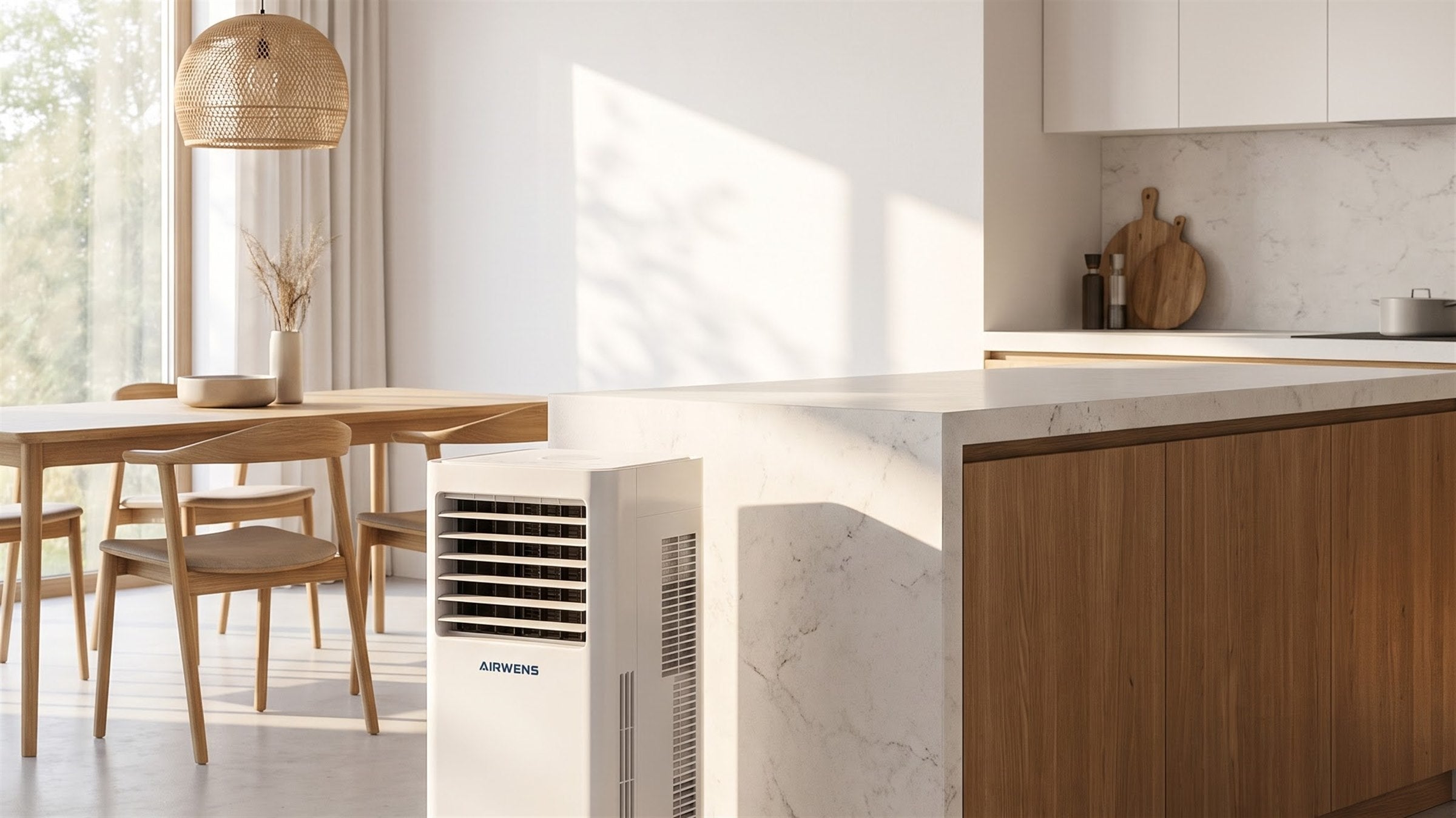 AIRWENS portable air conditioner in a bright, minimal kitchen