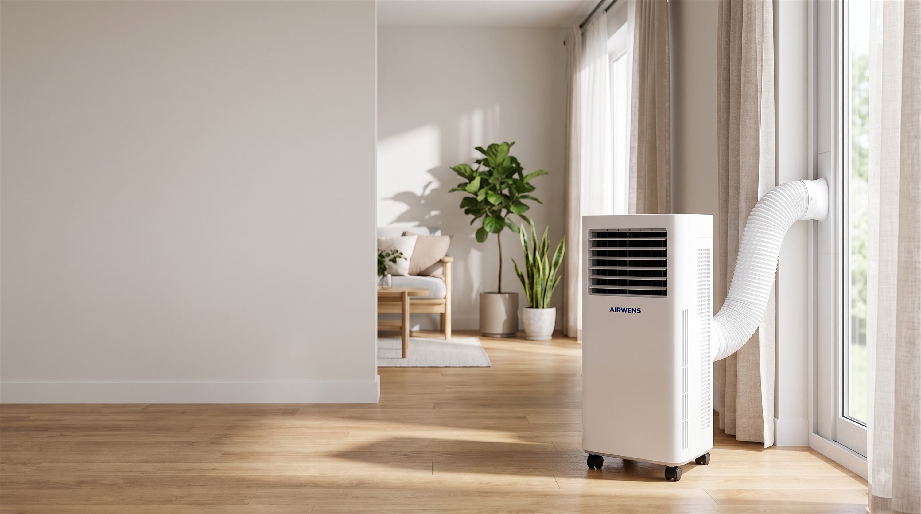 AIRWENS portable air conditioner venting through a window in a bright living room