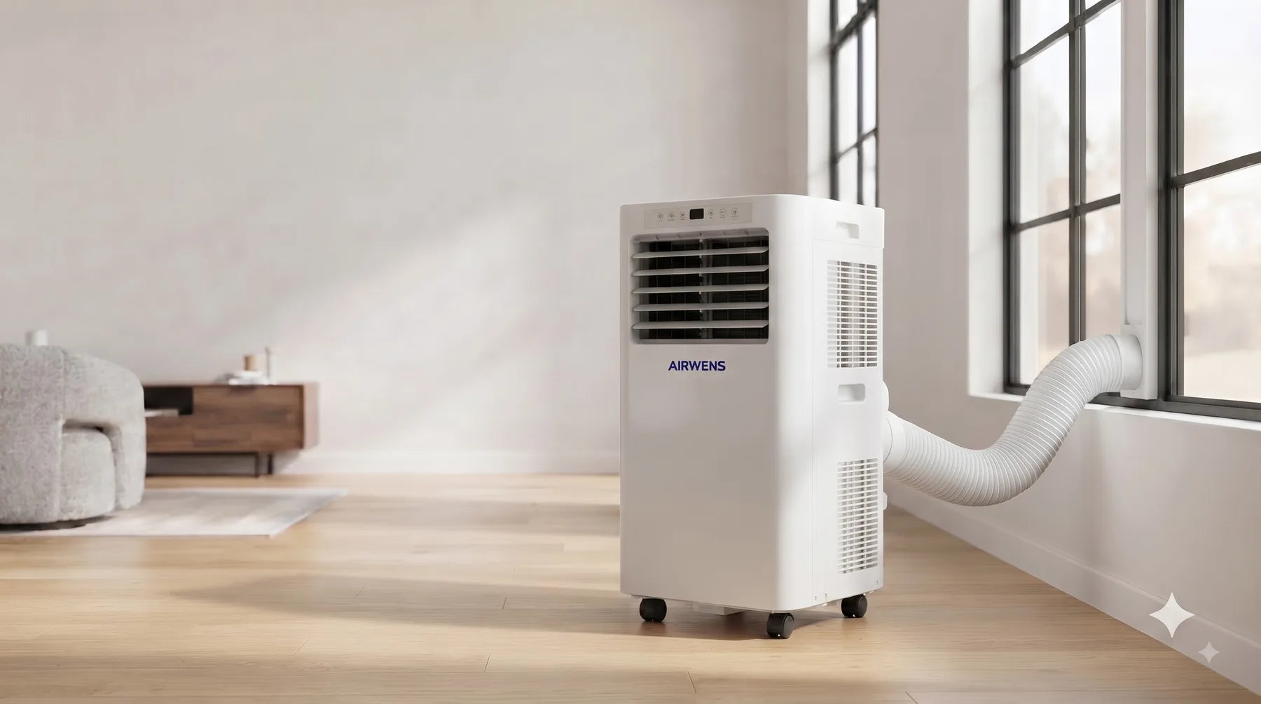 AIRWENS portable air conditioner in a bright living room, vented to the window